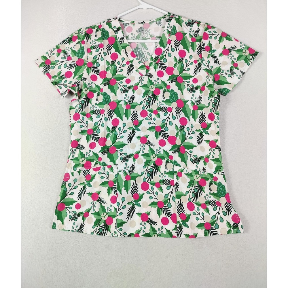 Divine Stretch‎ Scrub Top Womens Small Multicolor Christmas Holly V Neck